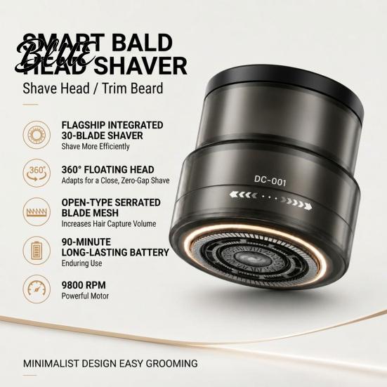 Travel Cordless Razor Electric Bald Head Shaver Beard Trimmer with Digital Display 360 Degree Portable Grooming Tool Floating Rotary Wet Dry for Men