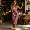 Women's Draped Deep V Neck Dress, Summer Sleeveless Loose Flowy Dress, Casual Travel Vacation Ruched Long Dress