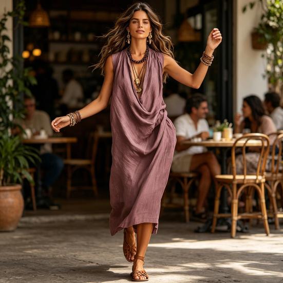 Women's Draped Deep V Neck Dress, Summer Sleeveless Loose Flowy Dress, Casual Travel Vacation Ruched Long Dress
