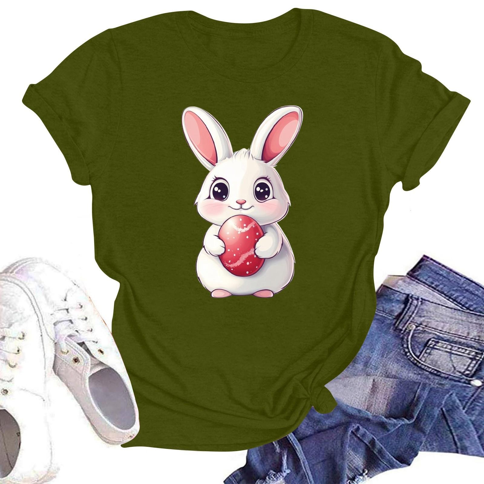 

Счастливой Пасхи женская мода принтованный круглый вырез короткий рукав футболка пуловер топ L армия зеленый