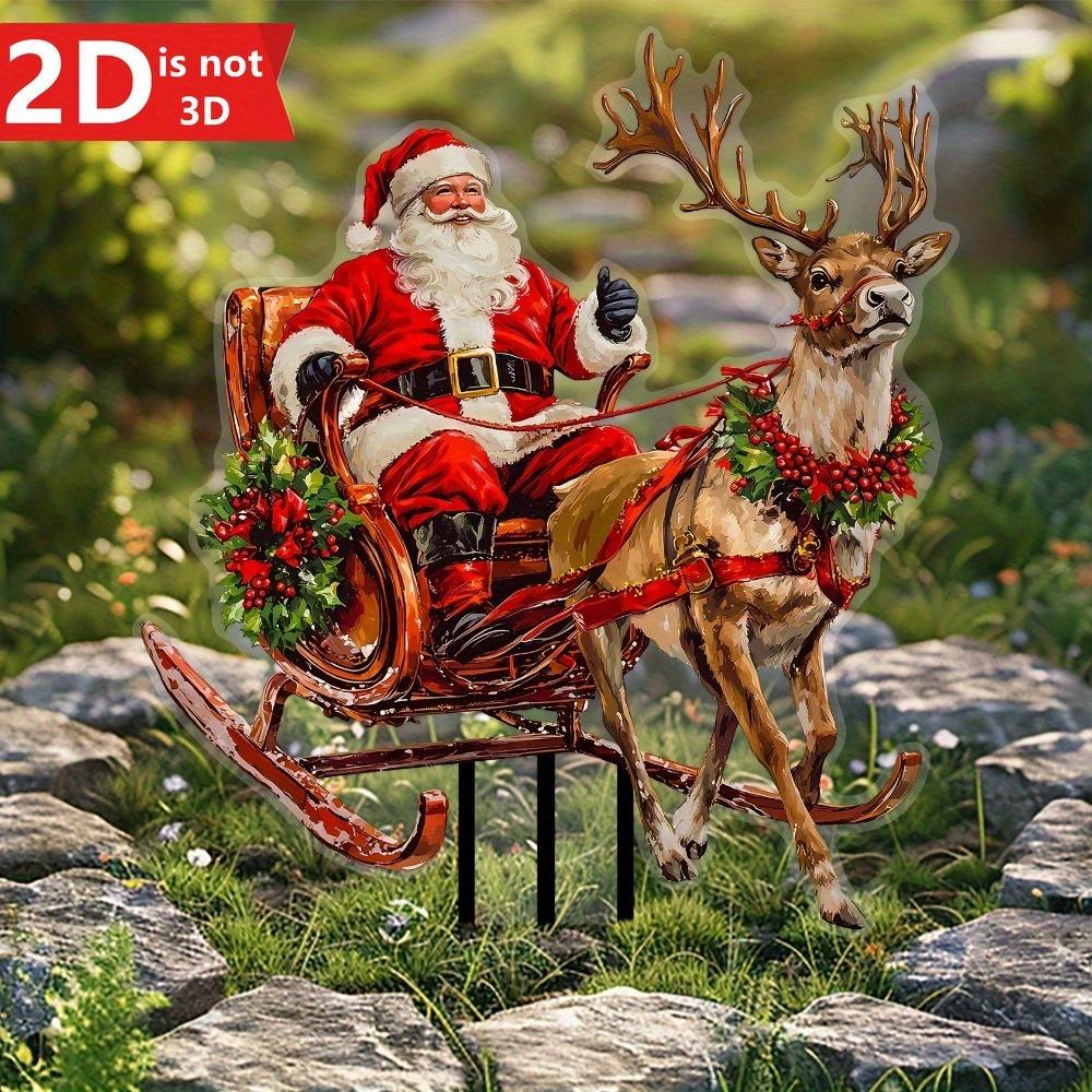 2D Santa & Reindeer Sled Garden Card. Weather-resistant Outdoor Decor for Courtyard & Flowerpots. Creative Holiday Gift.