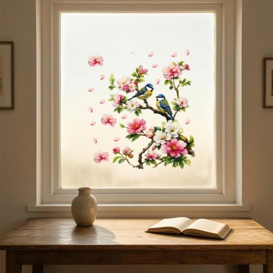 Vögel Blumen Ast Statische Fensteraufkleber, Aquarellvögel auf blühendem Ast Ast Fensteraufkleber, Wiederverwendbare Antikollisions-Doppelseitige Aufkleber für Glas