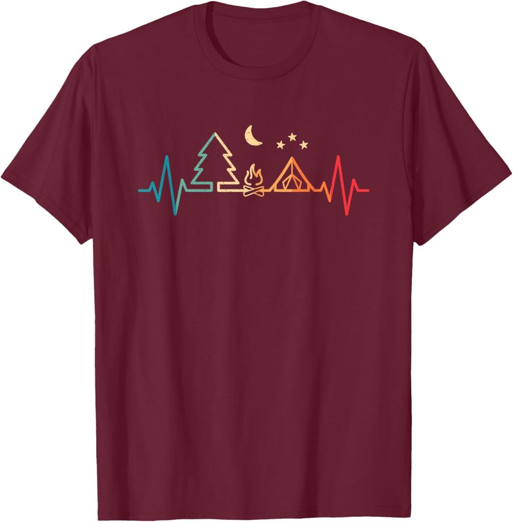 Retro Camping Heartbeat Nature Camper Hiking Men Boys TShirt