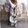 Summer New European And American Style Women'S Clothing Casual Loose Short-Sleeved V-Neck Split Fork Gradual Change Tie-Dye Long Dress