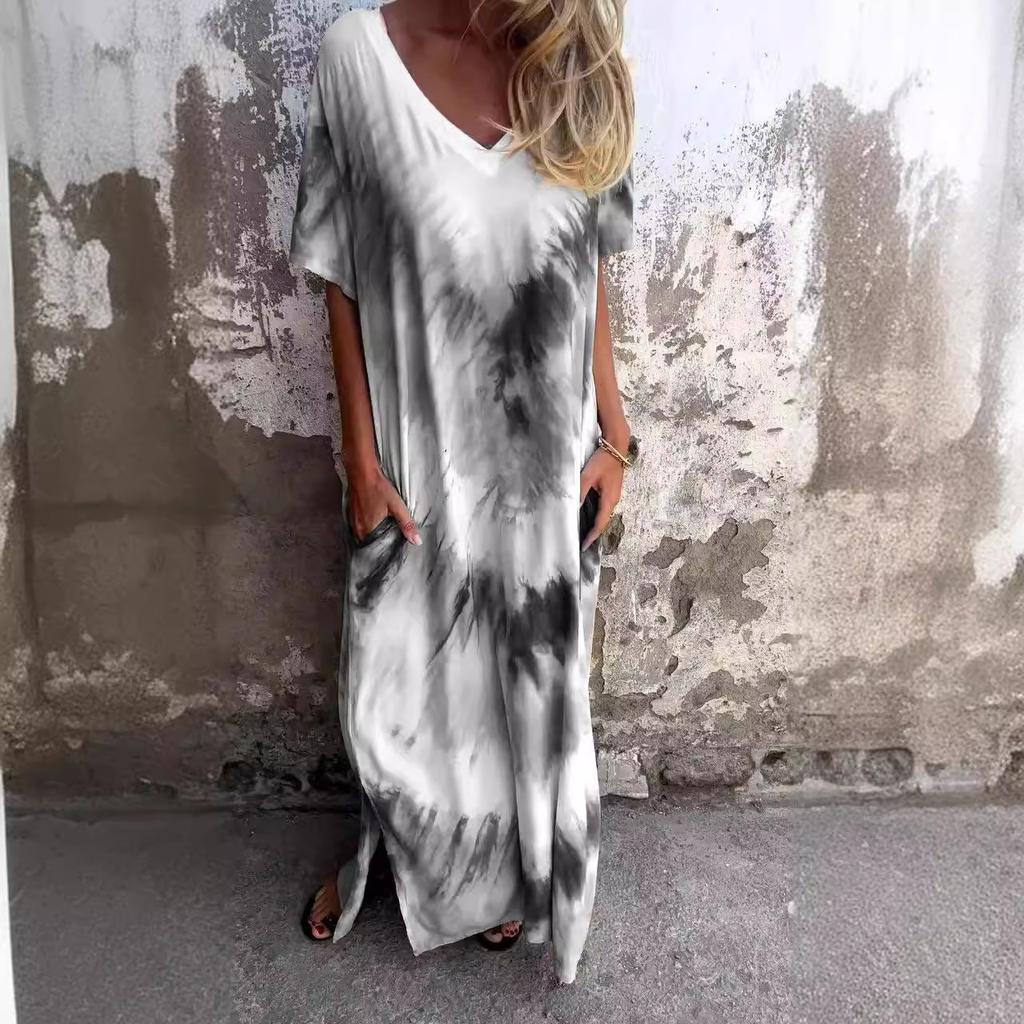 Summer New European And American Style Women'S Clothing Casual Loose Short-Sleeved V-Neck Split Fork Gradual Change Tie-Dye Long Dress