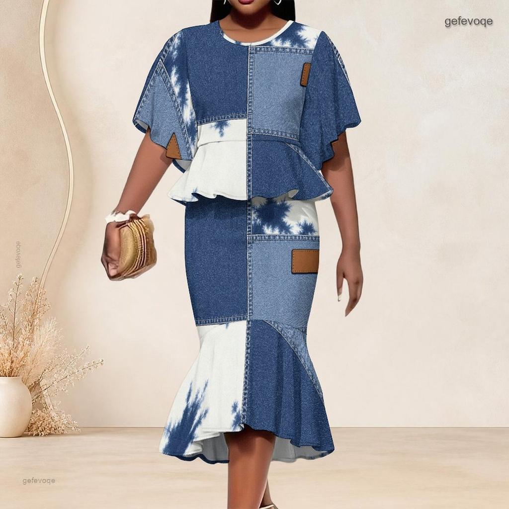 Women Plus Size Off White Blue Beige Printed Round Neck Batwing Sleeve Ruffle Hem Top Fishtail Skirt Two Piece Set