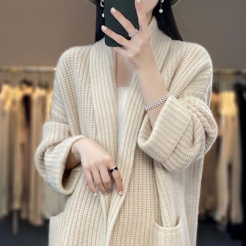 Korean Style Thick Yarn Plus Size Cardigan - Autumn/Winter Women's Trendy Mid-Length Loose Knit Outerwear