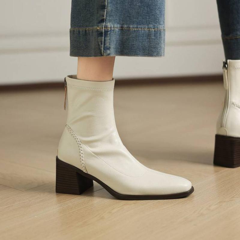 

New versatile leather Martin boots rubber sole large size women s boots rear zipper square heel pointed autumn and winter cowhide medium boots 40