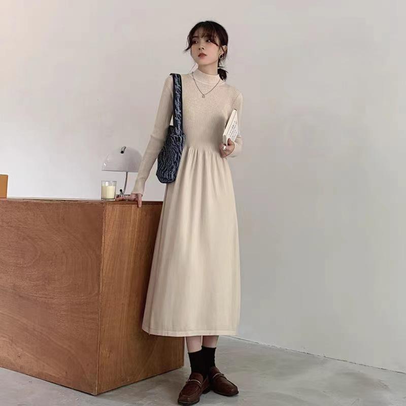 Women's Long French Knitted Dress - Autumn/Winter, Elegant Royal Style, Perfect Layer with Coat