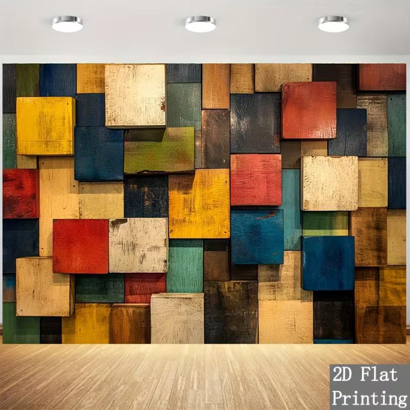 

2D Colorful Vintage Wood Block Tapestry Rustic Abstract Art for Home & Office 47.2x31.5inch/120*80cm