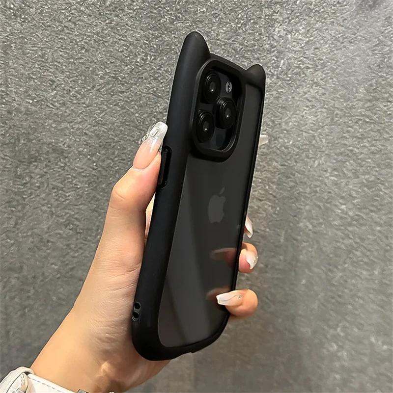 Cartoon 3D Cute Cat Ears Silicone Shockproof Phone Case For iPhone 11 12 13 14 15 16 Pro Max X XR XS Transparent Acrylic Cover