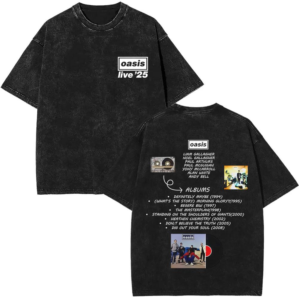 Washed Vintage Rock Band O-Oasis Live 25 World Tour Logo Print T-shirt Men Women Fashion Gothic Oversized Short Sleeve T Shirts