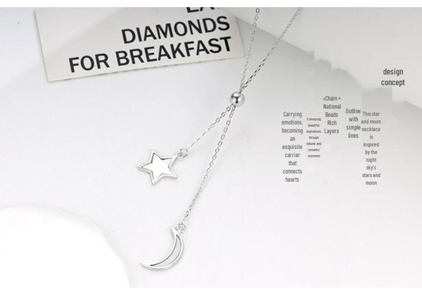 S925 Sterling Silver Moon and Stars Tassel Necklace - High-end, Trendy, Electroplated Design