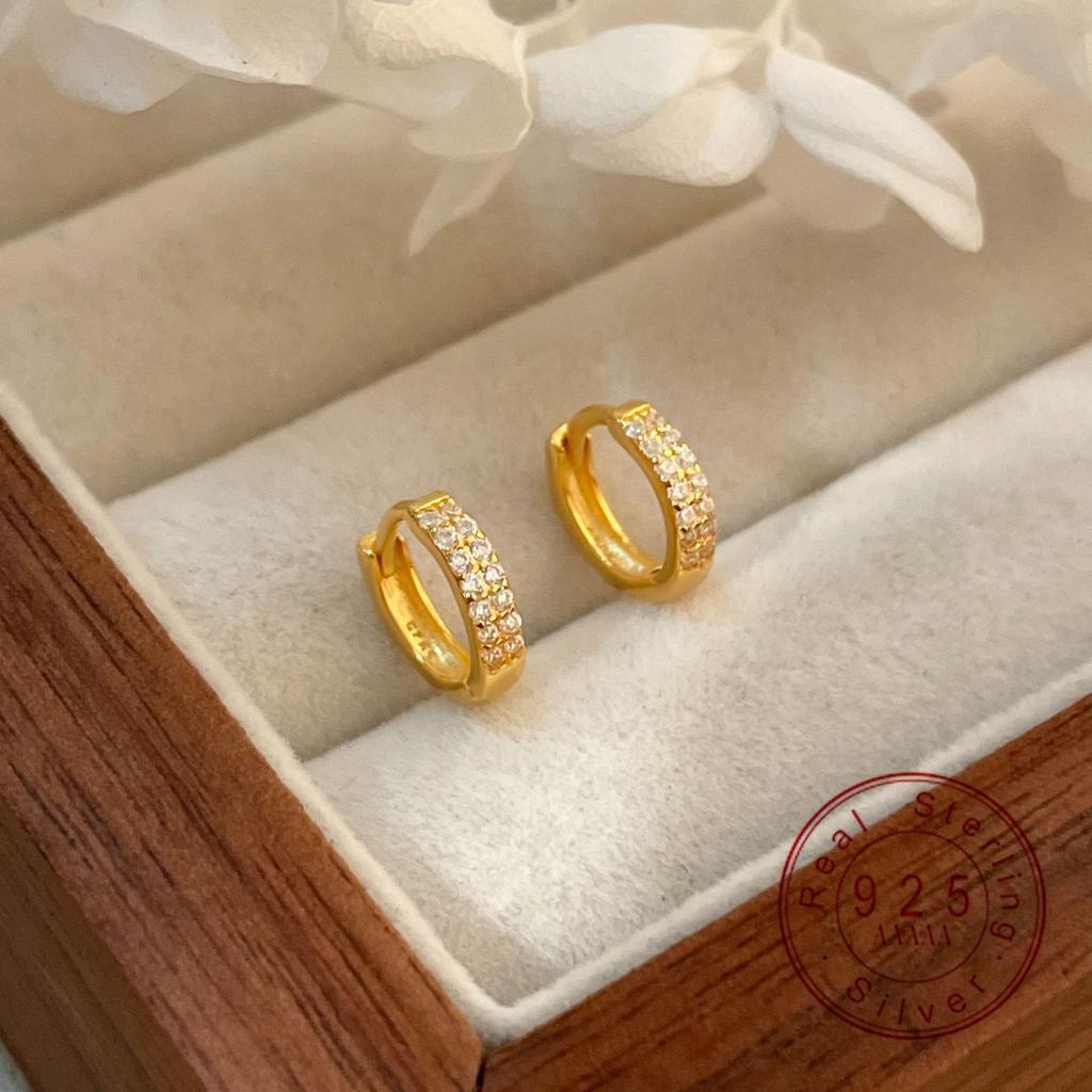 925 Sterling Silver Double Row CZ Huggie Hoop Earrings for Women, Sparkling Cubic Zirconia Gold Plated Small Hoop Earrings,
