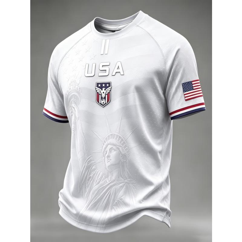 USA Football Jersey Statue of Liberty Print US Flag Eagle Badge Short Sleeve T-Shirt American National Soccer Fan Sports Tops