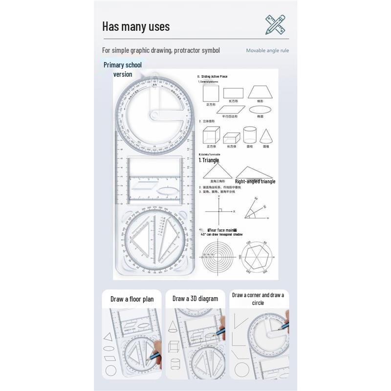 Multifunctional Geometry Ruler Set for Students: Includes Drawing, Function, Triangle, and Protractor Rulers