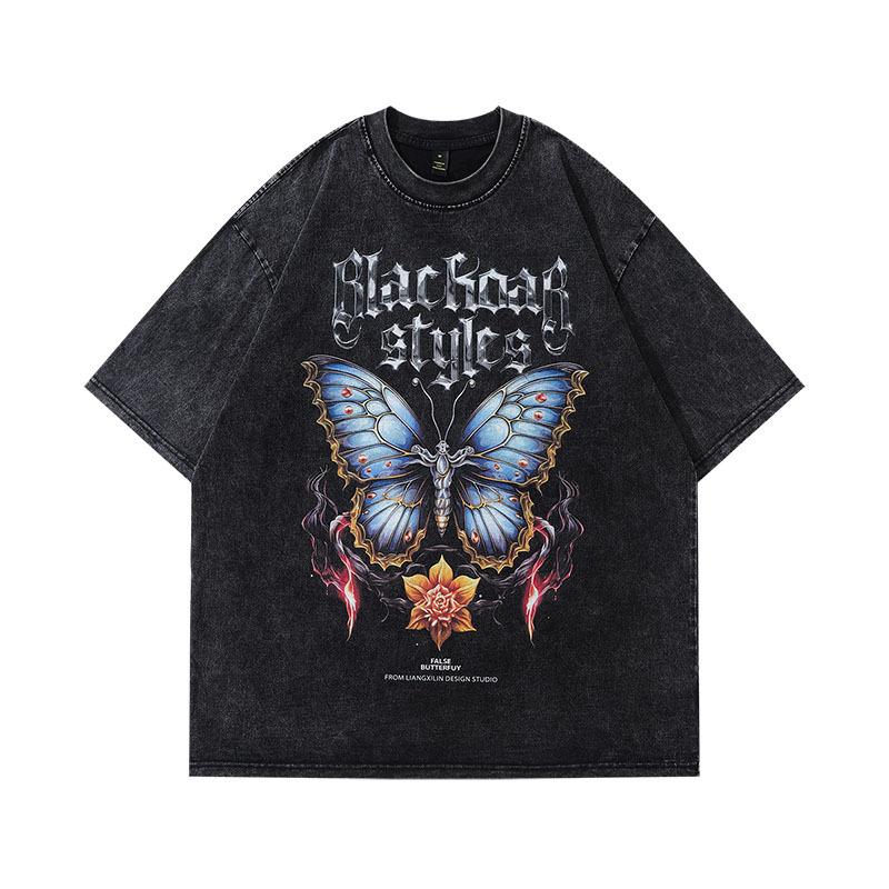 Men'S Hip-Hop Trendy Brand Butterfly Printing Small Neckline Old Short-Sleeved T-Shirt Men'S And Women'S High Street Washed Half-Sleeved Tee