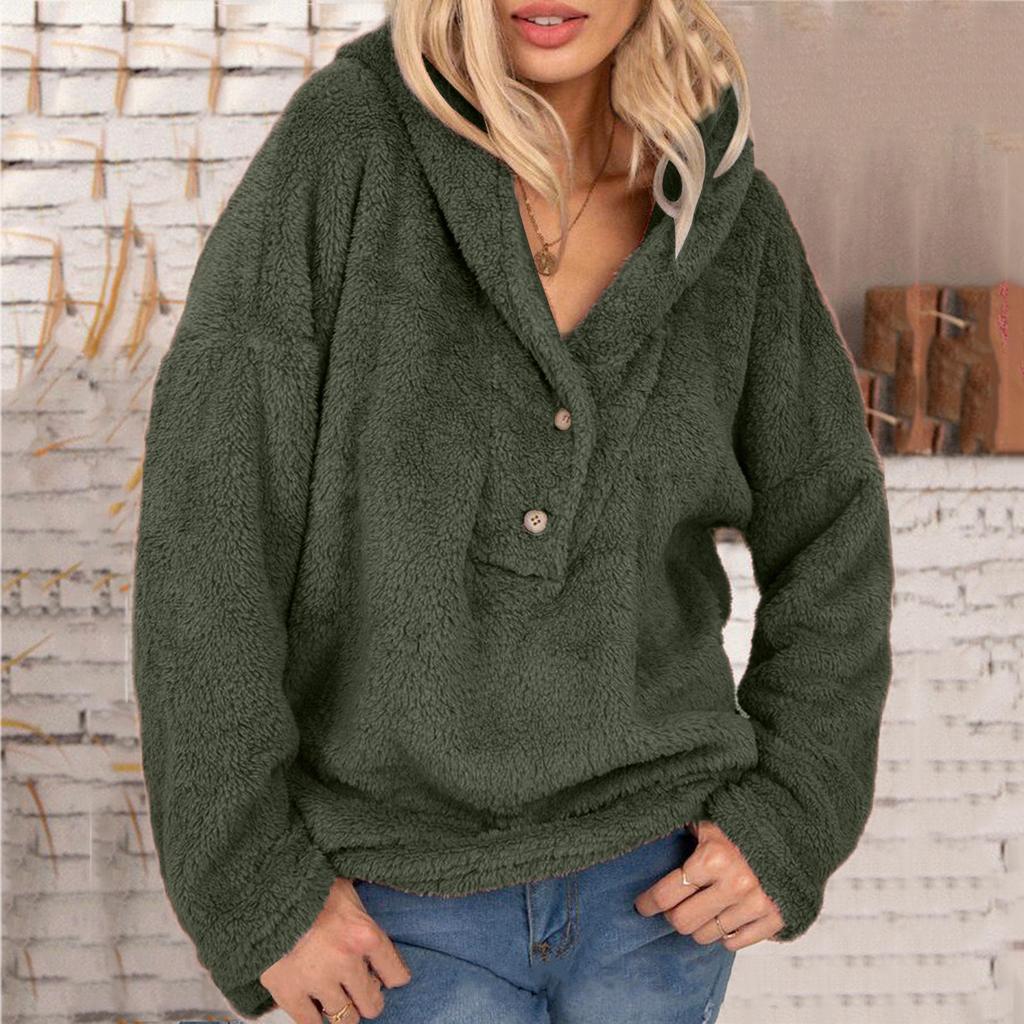 Women Casual Plus Size Loose Hoodie Plush Button Solid Color Loose Sweater Top