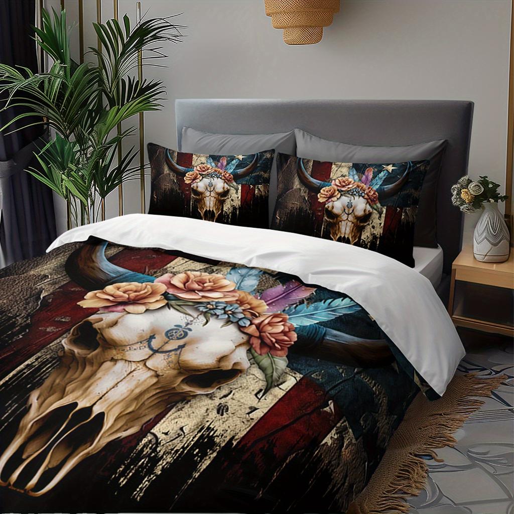 3pcs Floral Cow Skull American Flag Bedding Duvet Cover Set Bohemian Cow Skull Bedding Quilt Set Bohemian Themed Bed Quilt Set
