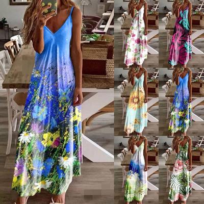 Casual Fashion Women's Sling Slim Fit Slim Long Swing Sleeveless Floral Print Dress