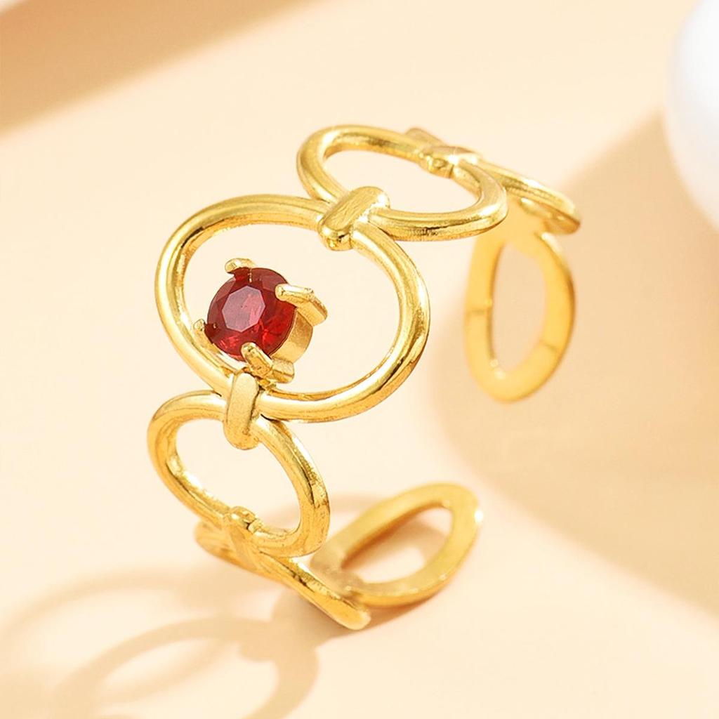 Geometric Hollow Stainless Steel Open Ring with Colored Zircon