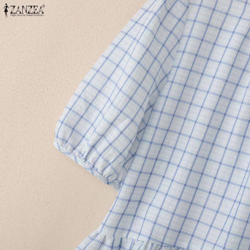 ZANZEA Women Plaid Print Casual Round Neck Half Sleeve Splice Blouse