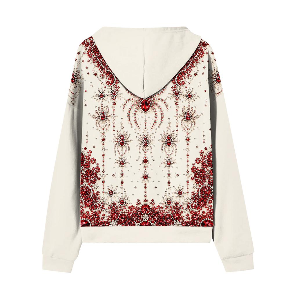Damen Stilvolles Lässiges Langarm Reißverschluss Kapuzenpullover mit Halloween-Print