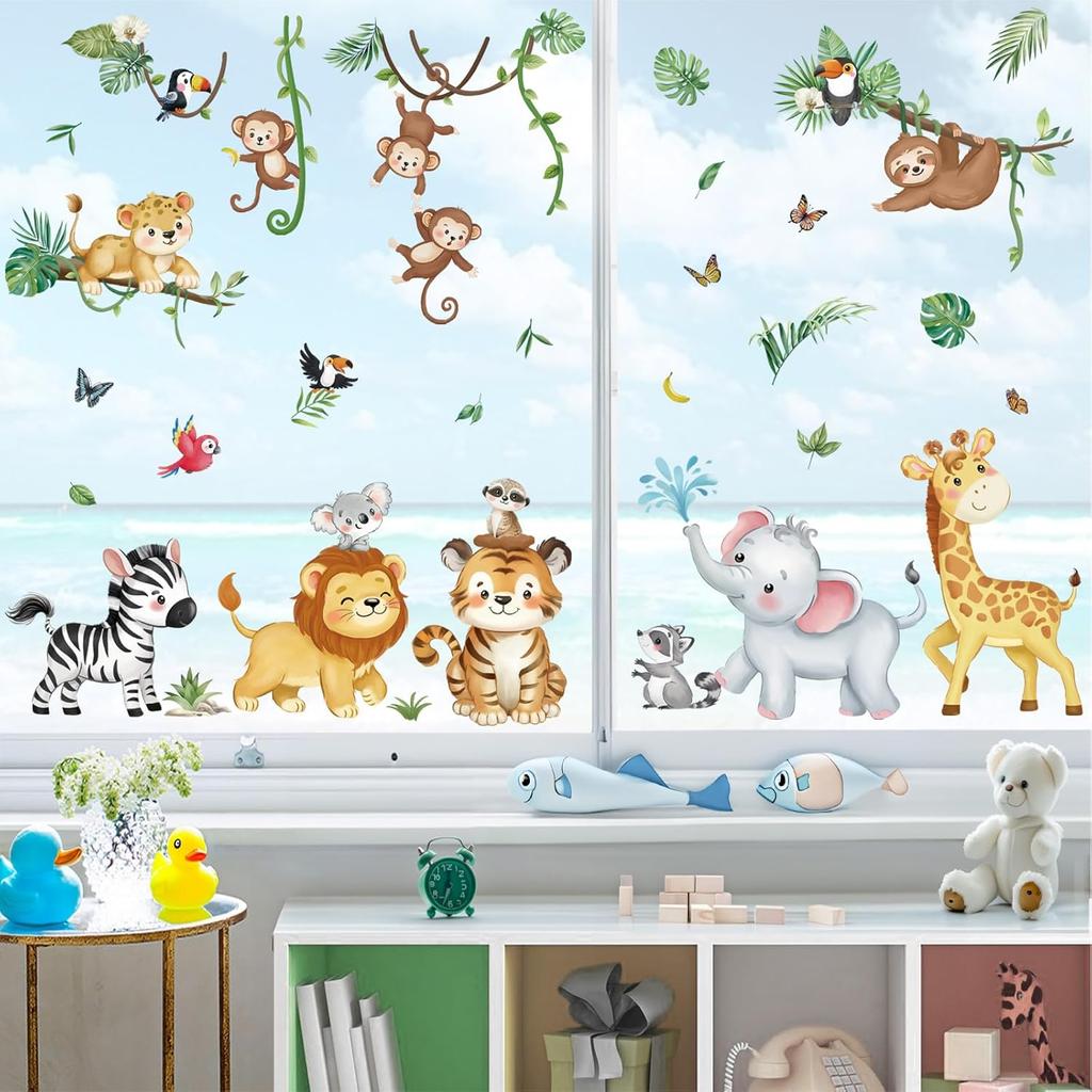 Decalmile Summer Safari Double Sided Jungle Animals Window Clings - Elephant, Monkey, Lion, Giraffe Decals - Anti-Collision Glass Stickers