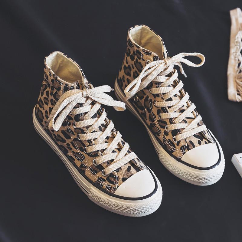 Spring New Leopard Print Hightop Canvas Shoes Women's Versatile Student Board Shoes Women's Shoes