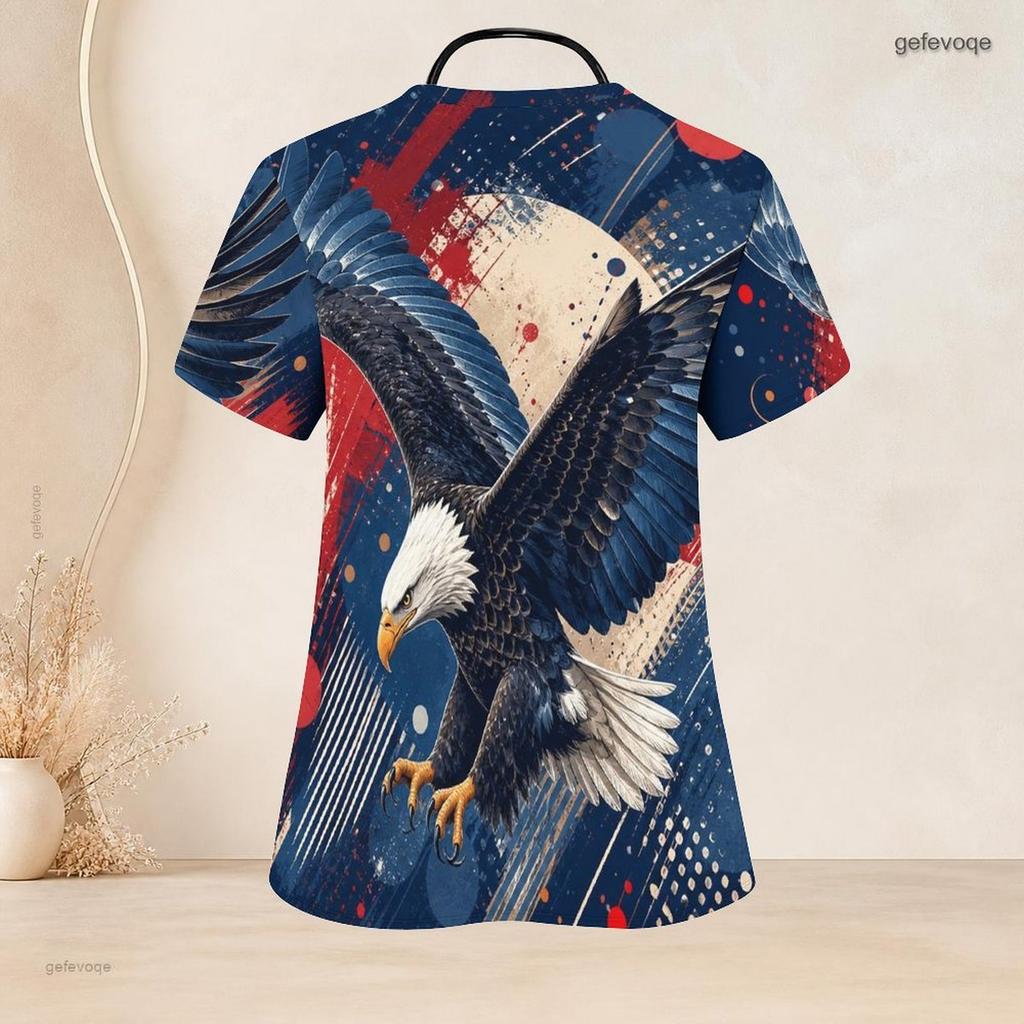 Women Plus Size Eagle Printed Nurse Scrub Top V Neck Short Sleeve With Front Pockets