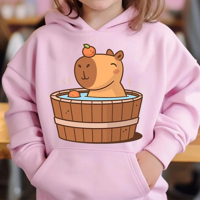 Cute Capybara Loves Bubble Tea Children's Hoodie Pink Autumn and Winter Girl's Top
