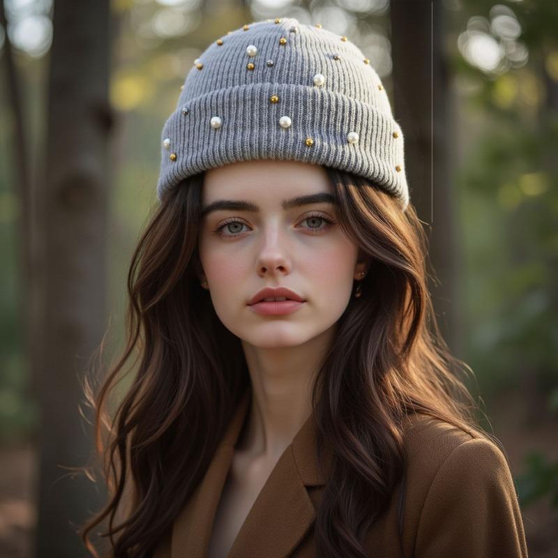 

Autumn and Winter Fashionable Solid Color Keep Warm Rhinestone Pearls Knitting Hat Women Rivet Versatile No Eaves Pullover Hat сірий