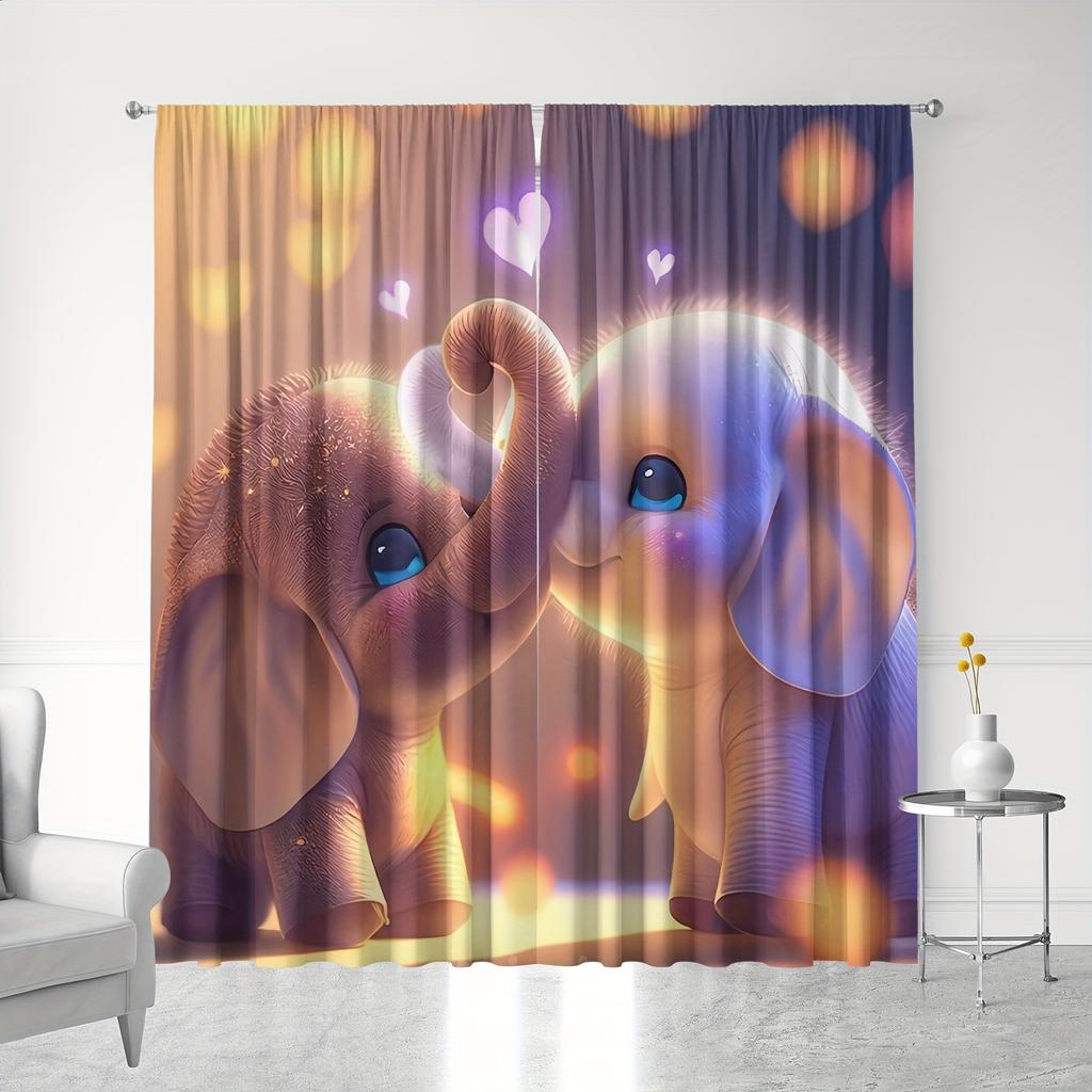 Elephant Love Curtains Set of 2 – Adorable Twin Elephants with Heart Bokeh, Rod Pocket Semi-Sheer Drapes