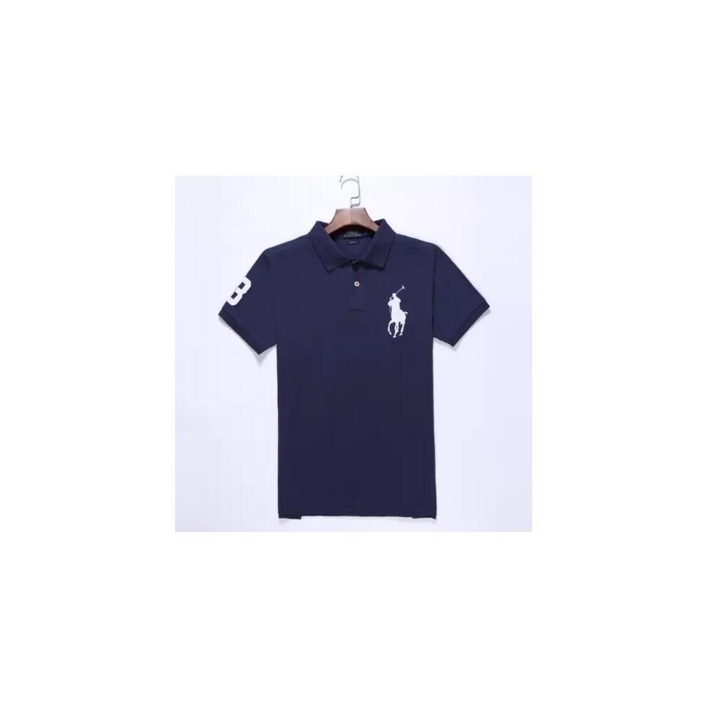 (Blu navy e bianco, S) Camicia da uomo personalizzata cotone manica corta pony grande