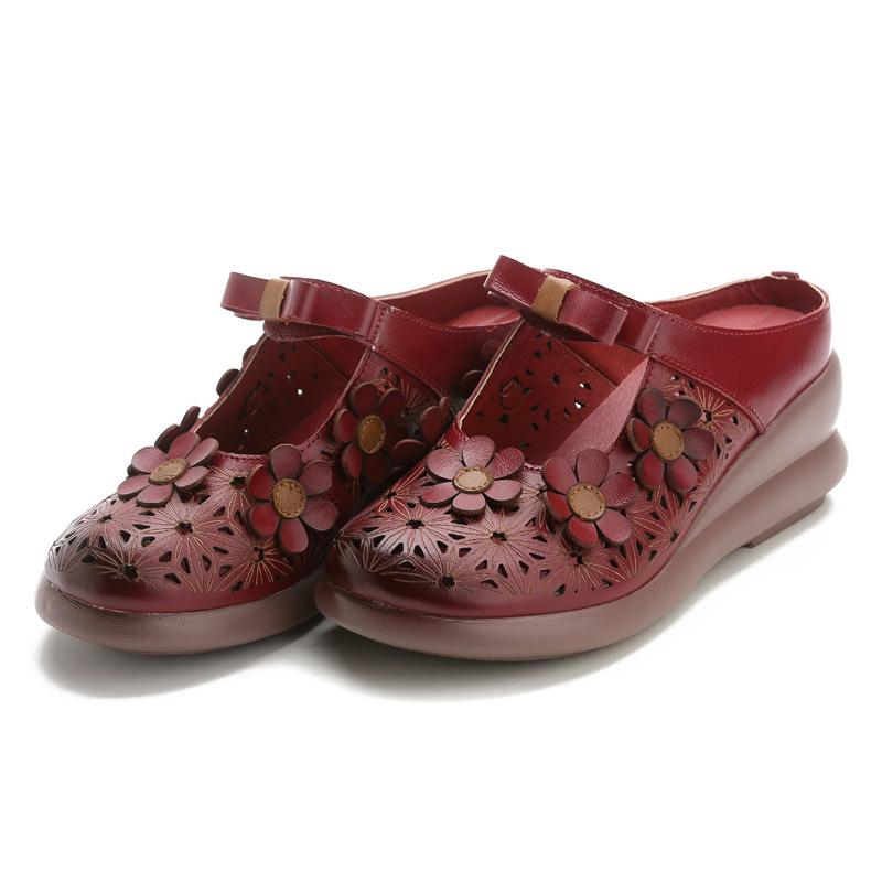 New Summer Top Layer Cowhide Sponge Soles Women's Shoes for Women's National Style Genuine Leather Flowers Slippers Breathable