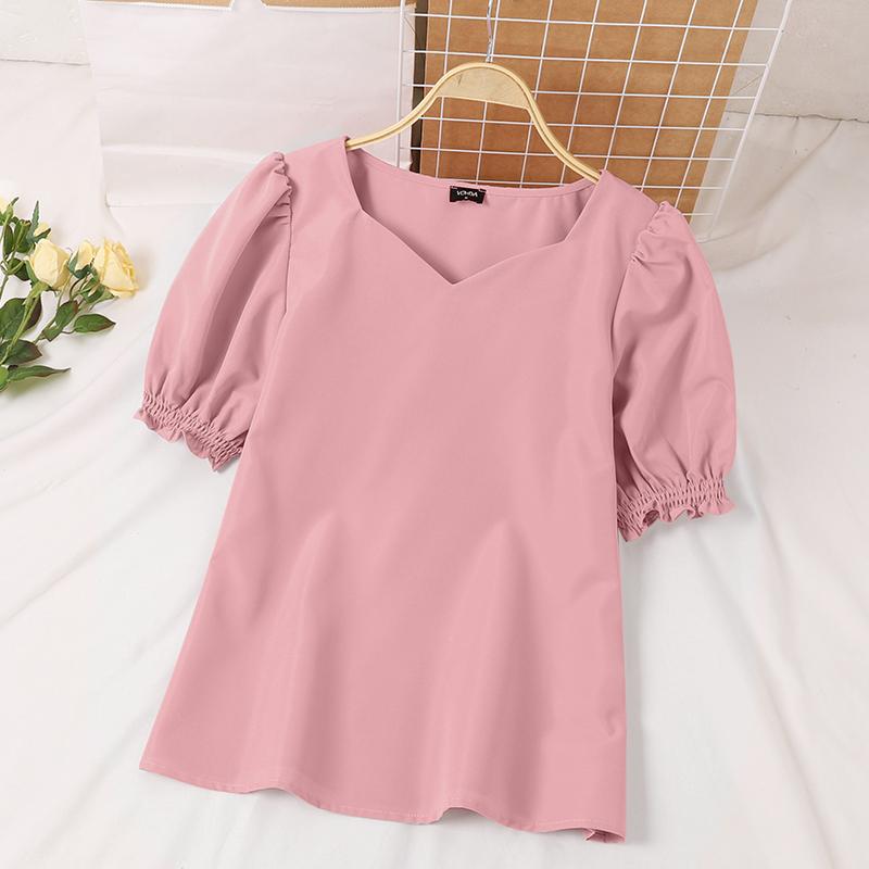 VONDA Summer Women Square V Neck Puff Short Sleeve Soild Color Casual Blouses