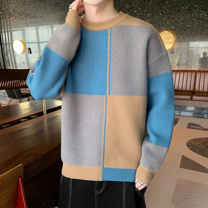 

Осень и зима микро-расширение клетка контрастные цвета универсальный повседневный модный свитер с круглым вырезом мужской вязаный свитер мужской топ 185 жёлтый