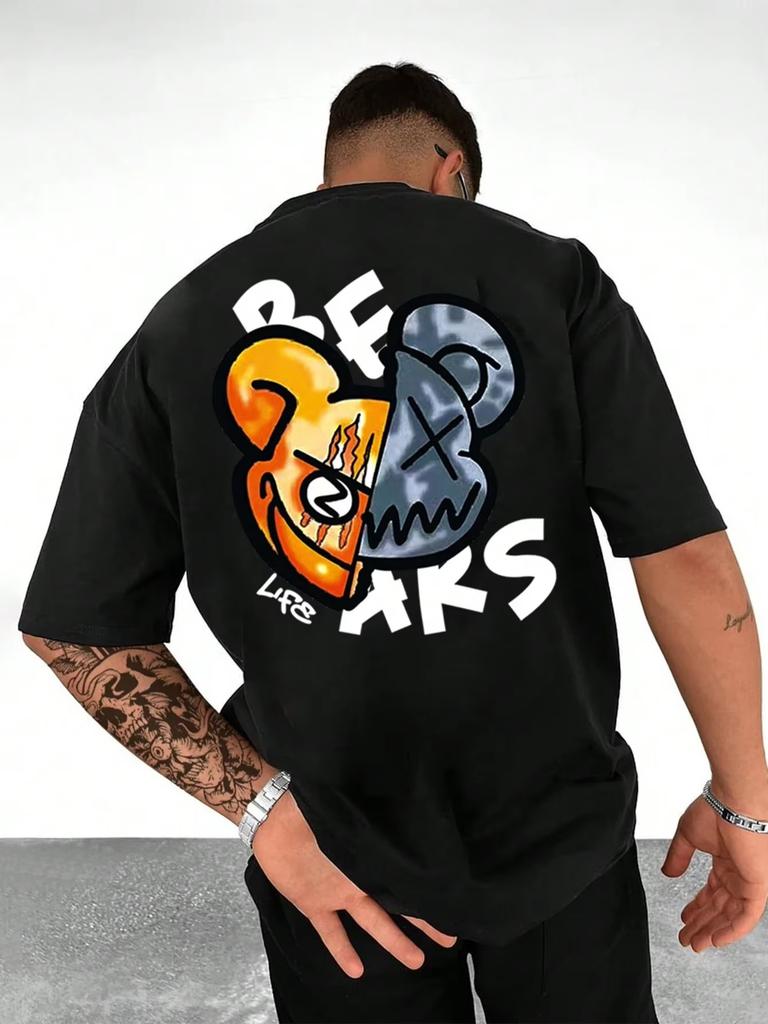 2025 New Men's Bear Print Cotton T-shirt Summer Short Sleeve Round Neck Tees Loose Classic Streetwear Oversized Unisex Tops