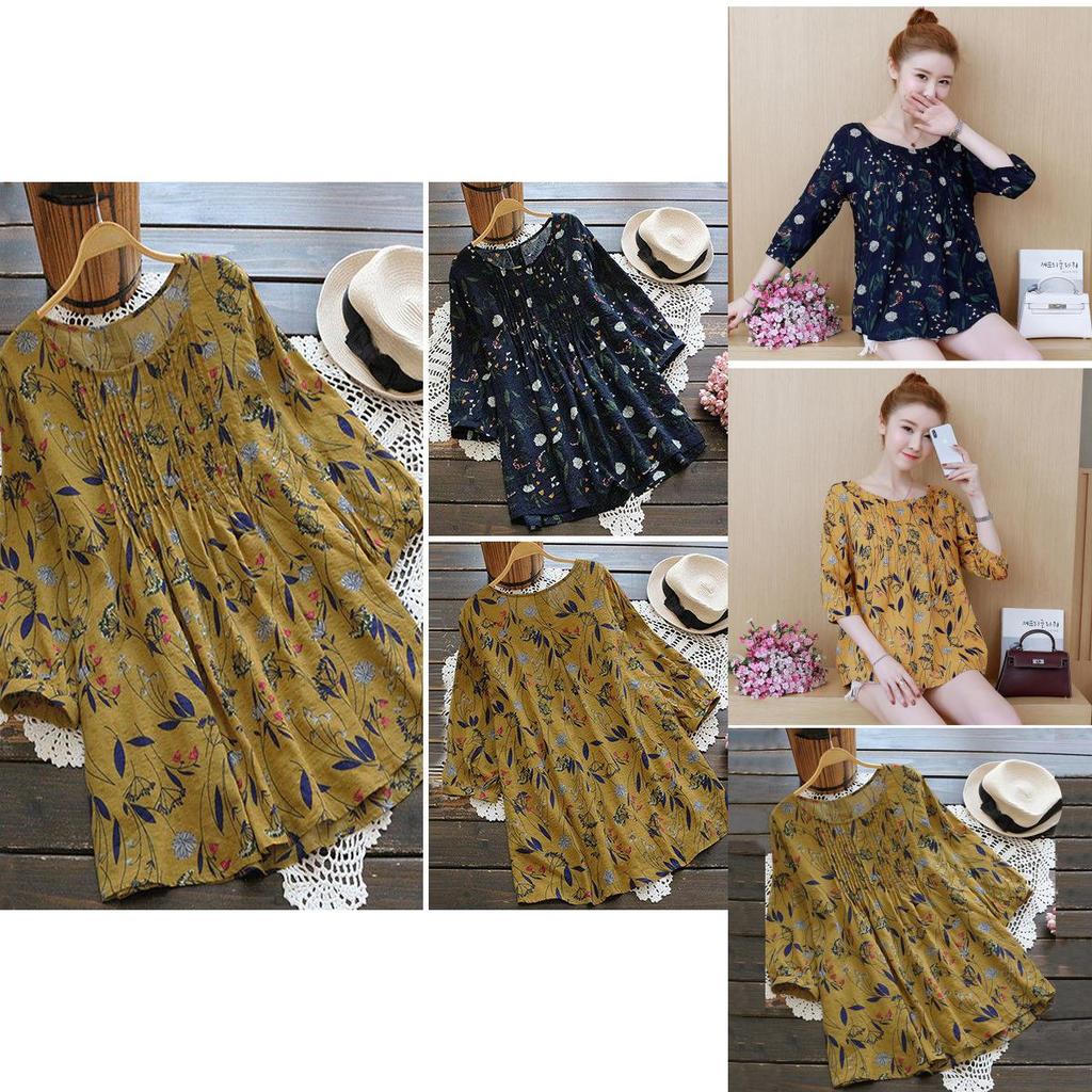 Elegant Womens Floral Print Casual Long Tops Shirt With Loose Vintage Ethnic Design And Crew Neck