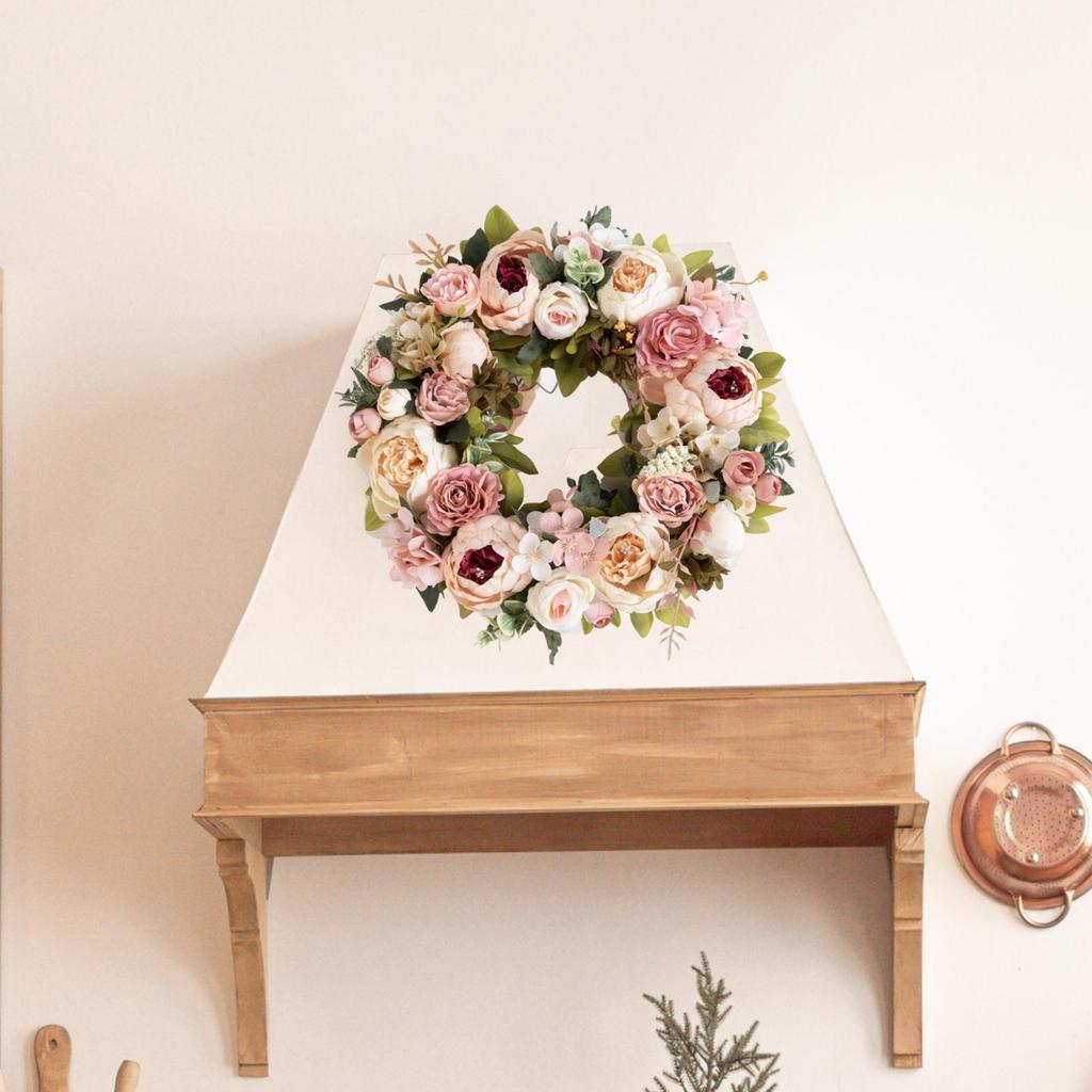 Spring Wreath Front Door Hanging Ornament Artificial Peony Flowers Garland 15.75inch for Garden Party Balcony Festival New Year