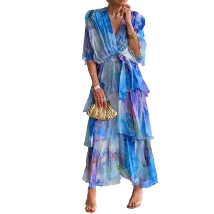 

Summer Women Long Dress Flowy Chiffon Maxi Printed Short Sleeve V Neck Loose Layered Ruffle Lace Up Dress S синий