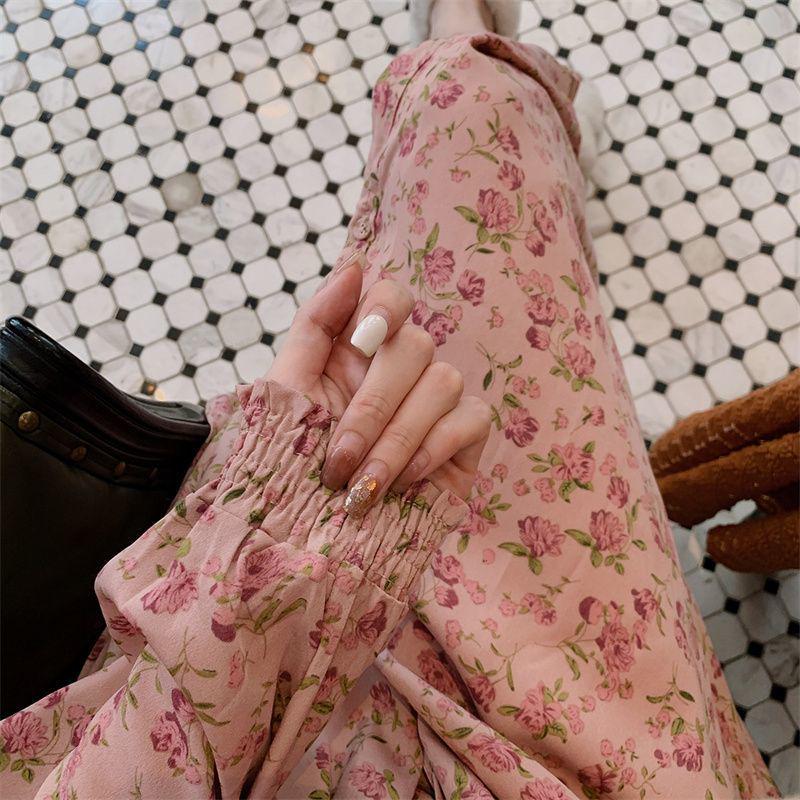 2025 Floral V-Neck Mid-Length Dress for Women: Spring & Autumn Rose Tea Break Design