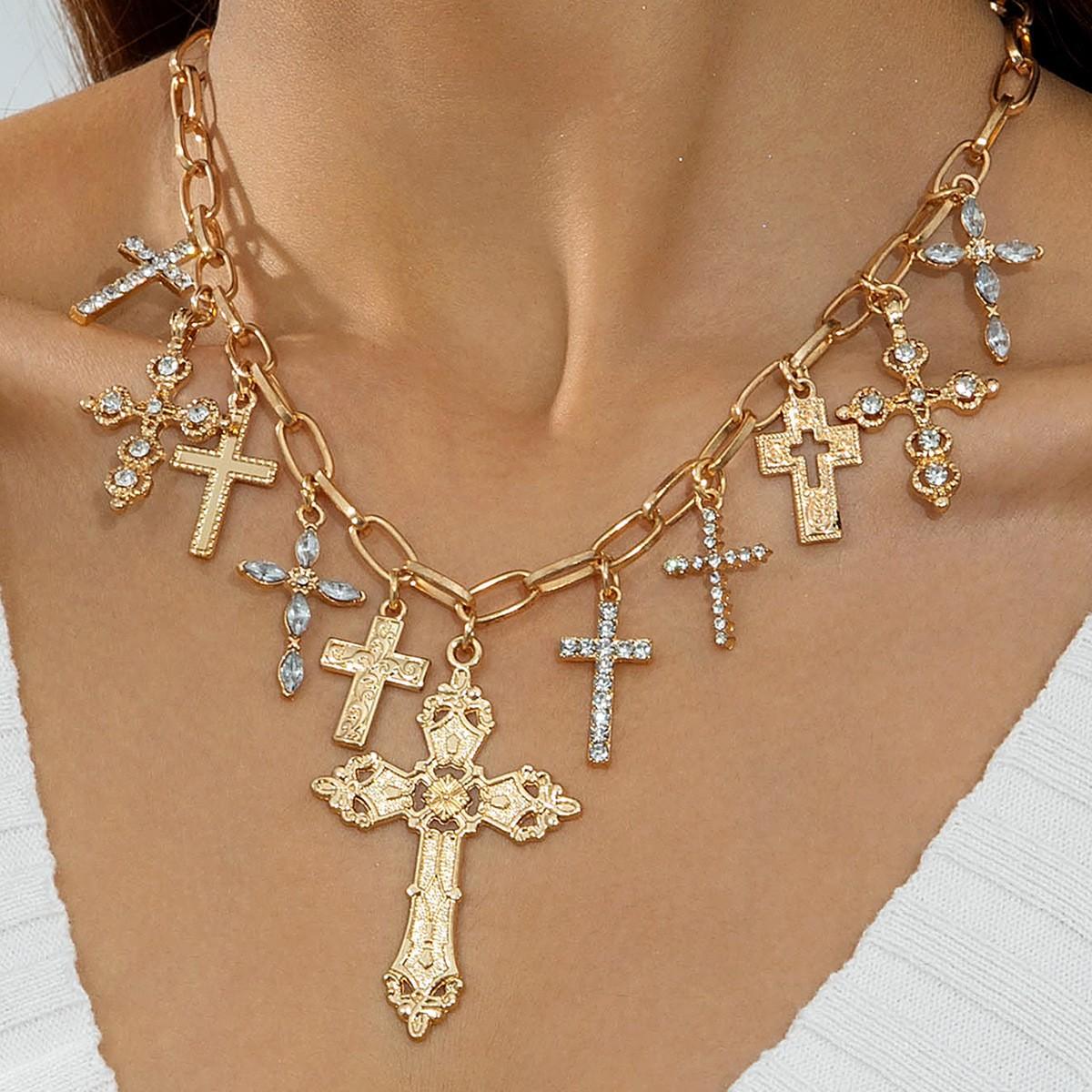 Accessories, Punk Personality Cross Exaggerated Necklace, Creative Diamond-set Geometric Pearl Necklace