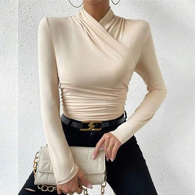 Ladies Spring Autumn Long Sleeve Cross Stand Collar Solid Color Pleated Bodycon Pullover Casual T Shirt Top