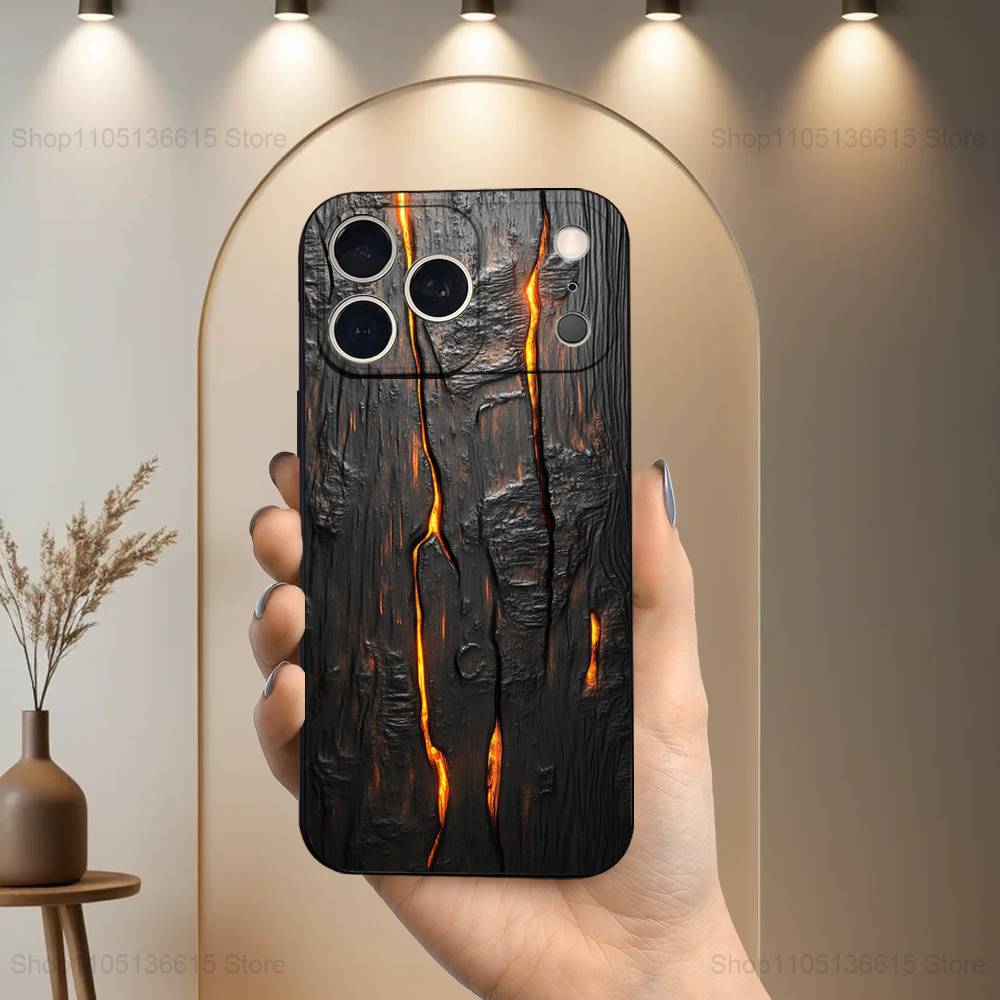 Flame Wood Grain Art Case For iPhone 17,16,15,14,13,12,11 Air,Plus,Pro Max,XS,X,XR,SE,Mini,8,7,Soft Silicone Black Cover