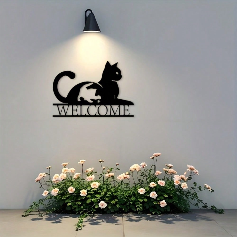 Modern Cat Welcome Sign Metal Wall Art Black Iron Plaque Pet Lovers Gift Housewarming