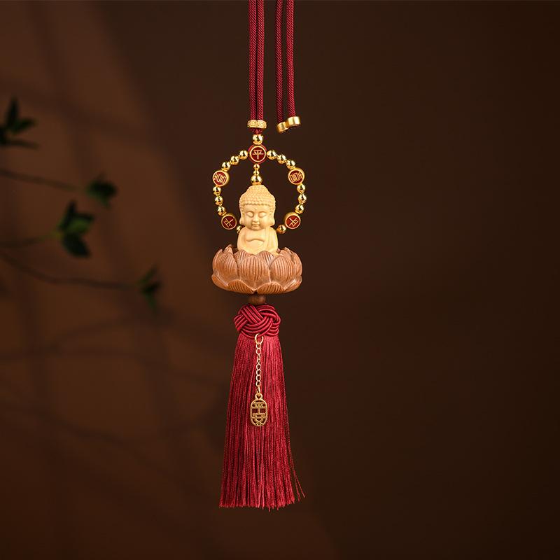 Carved Lotus Buddha Car Pendant Car Rearview Mirror Solid Wood Bodhi Tassel Figurine Hanging Decor Auto Interior Lucky Ornaments
