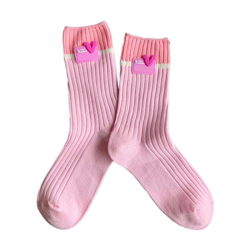Japanese Style Women Y2K Girl Cotton Crew Socks Harajuku Sweet Love Label Colorblock Ribbed Knit Middle Tube Calf Socks