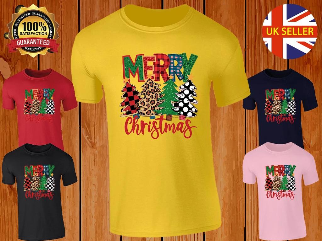 Merry Christmas Trees Kids T-shirt Plaid Leopard Print Festive Holiday Top Xmas