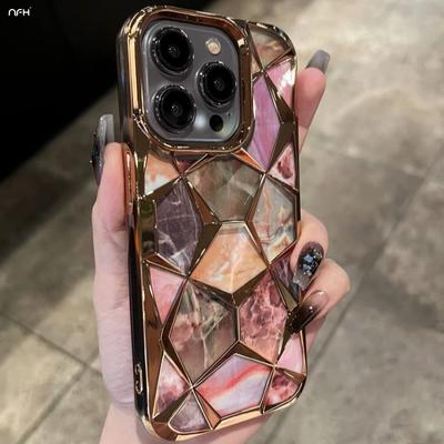 For iPhone 16 Pro Max Highend Luxury Quality Plating Marble Colorful Pattern Frame Phone Case For iPhone 15 14 13 12 11 Soft Protective Cover